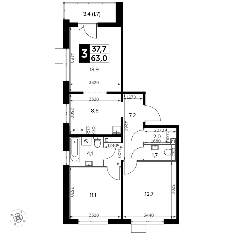 3 ккв (Евро) 63,4 м²