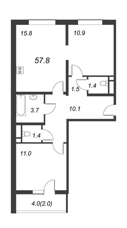 3 ккв (Евро) 57,4 м²
