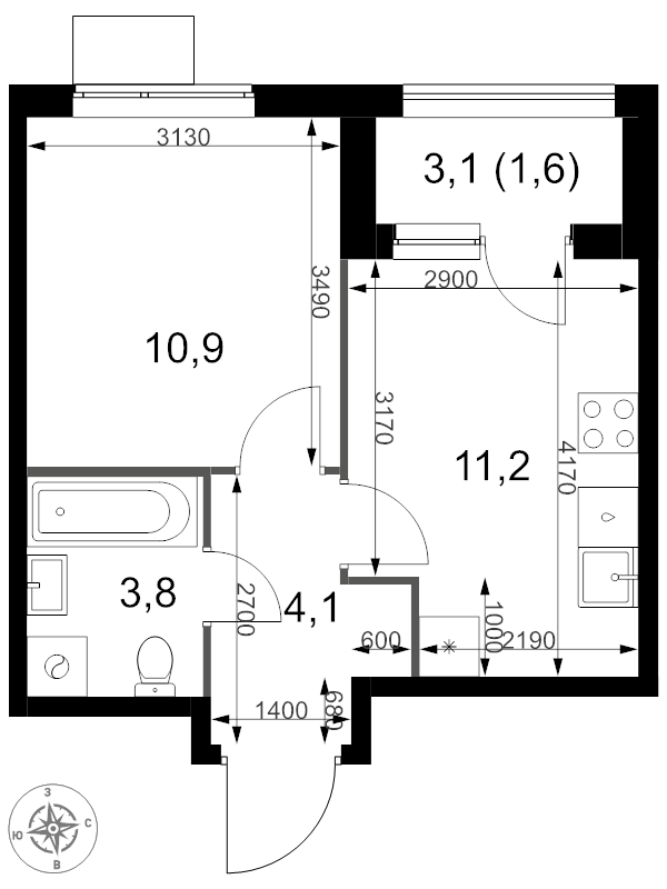 1 ккв 31,6 м²