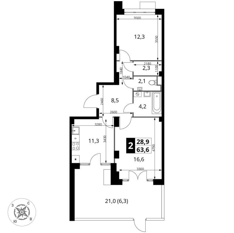 2 ккв 63,5 м²