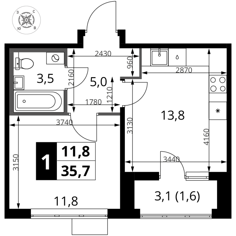 1 ккв 35,7 м²
