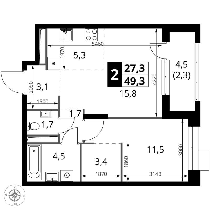 2 ккв (Евро) 49,3 м²
