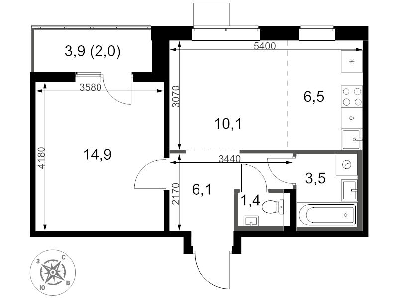 2 ккв (Евро) 44,5 м²