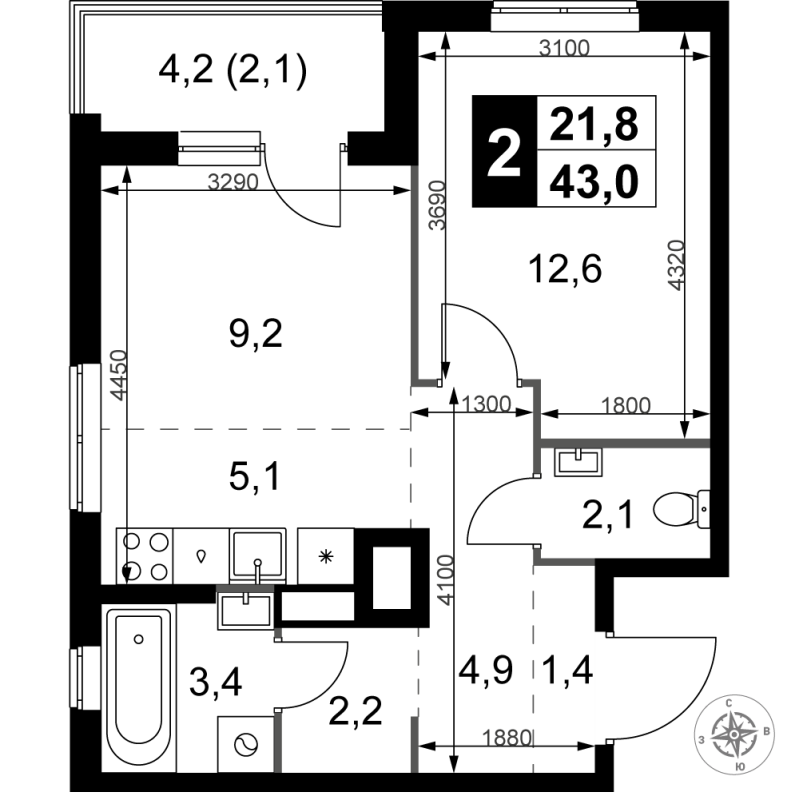 1 ккв 43 м²
