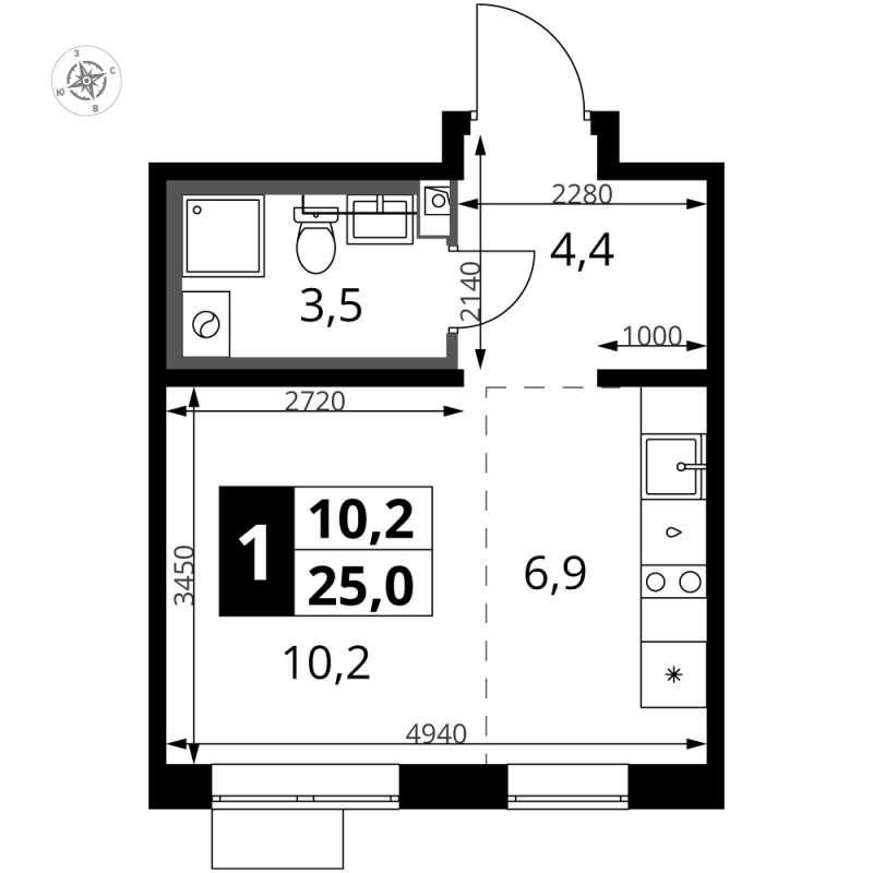 Студия 25 м²