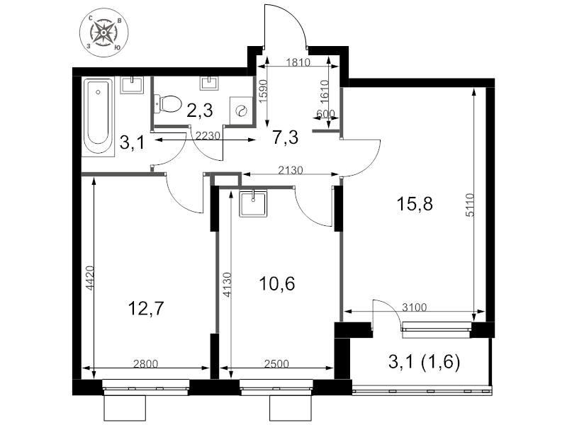 2 ккв 53,4 м²