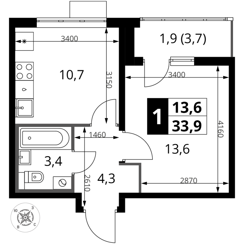 1 ккв 34 м²
