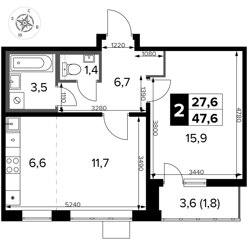 2 ккв (Евро) 47,6 м²