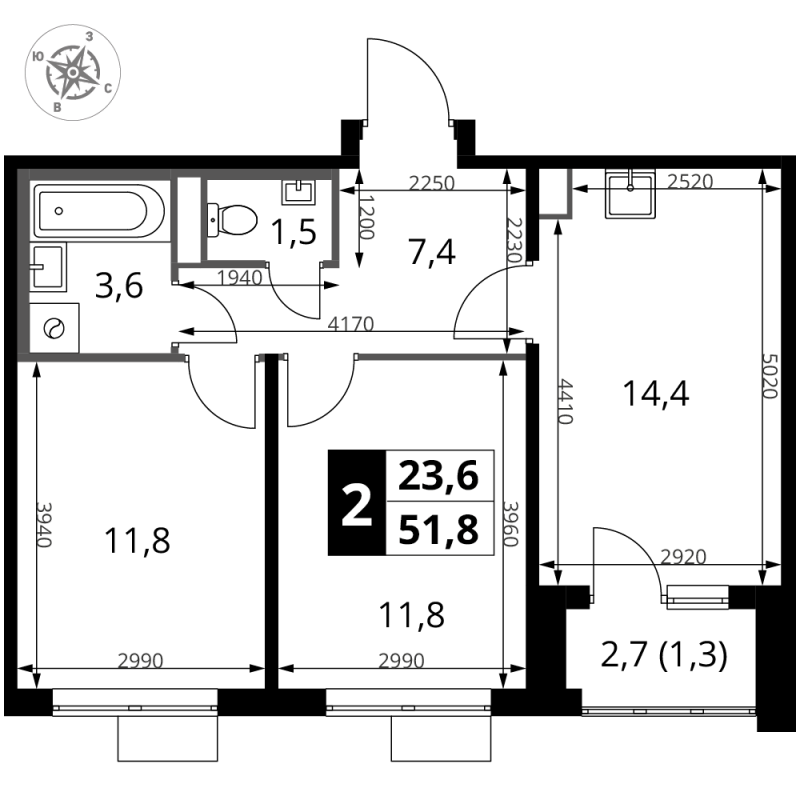 2 ккв 51,8 м²