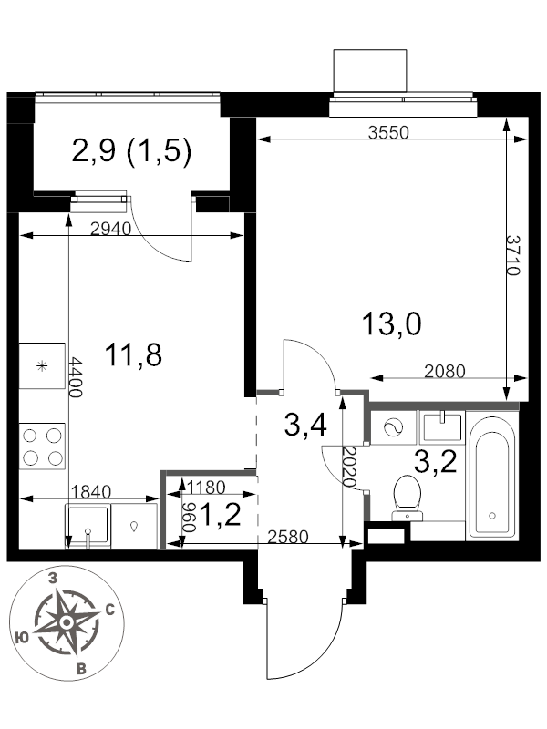 1 ккв 34,1 м²