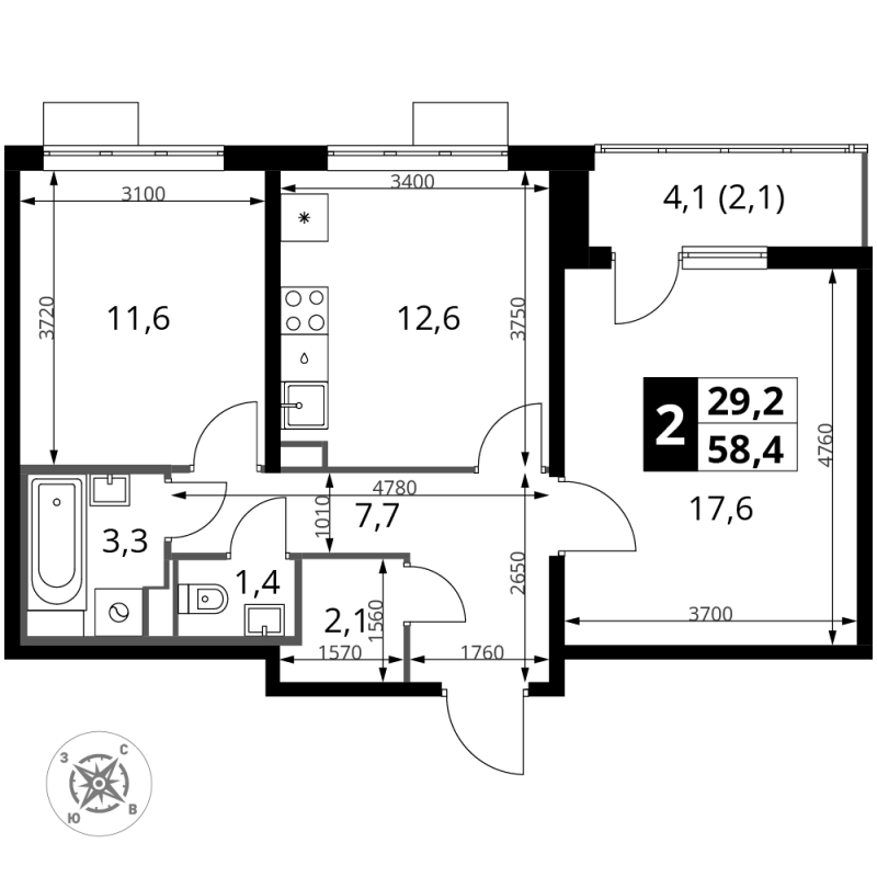 2 ккв 58,4 м²