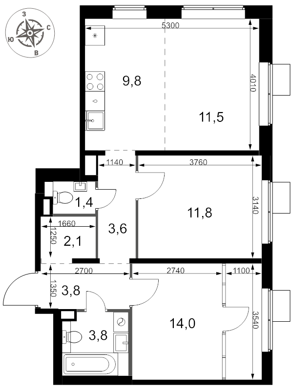 3 ккв (Евро) 61,8 м²