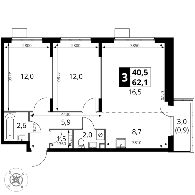 3 ккв (Евро) 62,1 м²