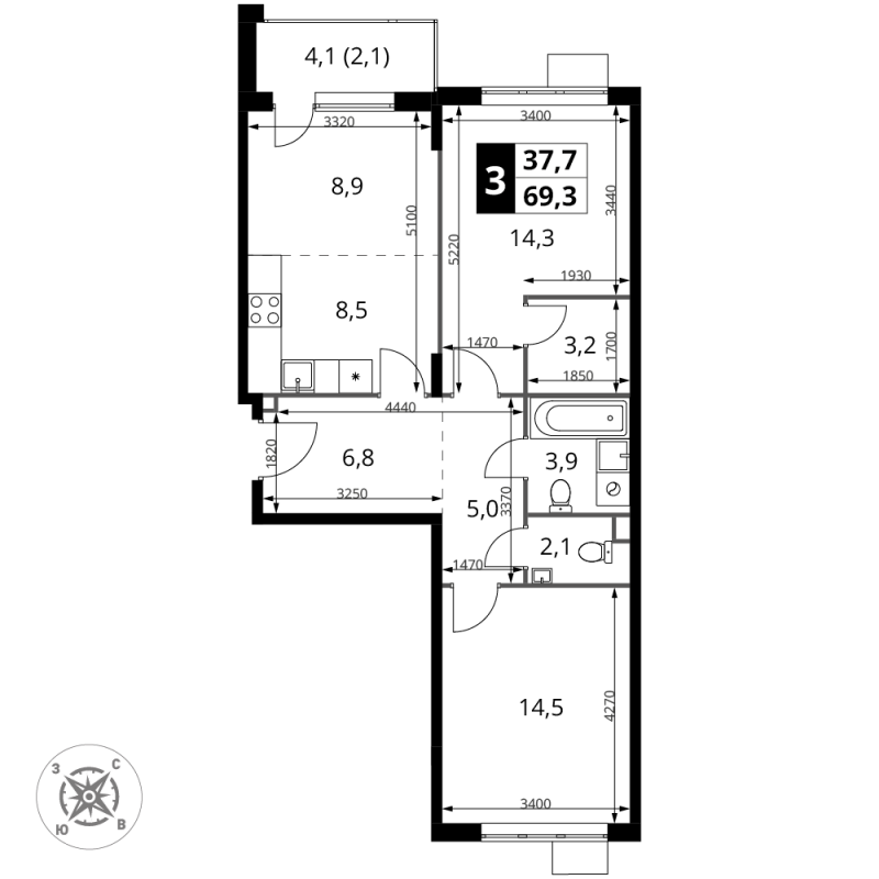 3 ккв (Евро) 69,3 м²