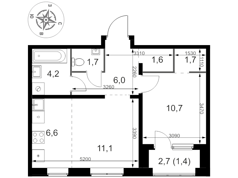 2 ккв (Евро) 45 м²