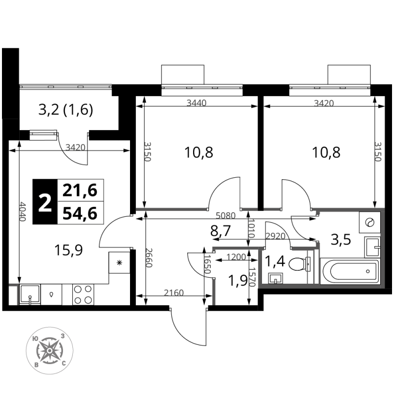 3 ккв (Евро) 54,6 м²