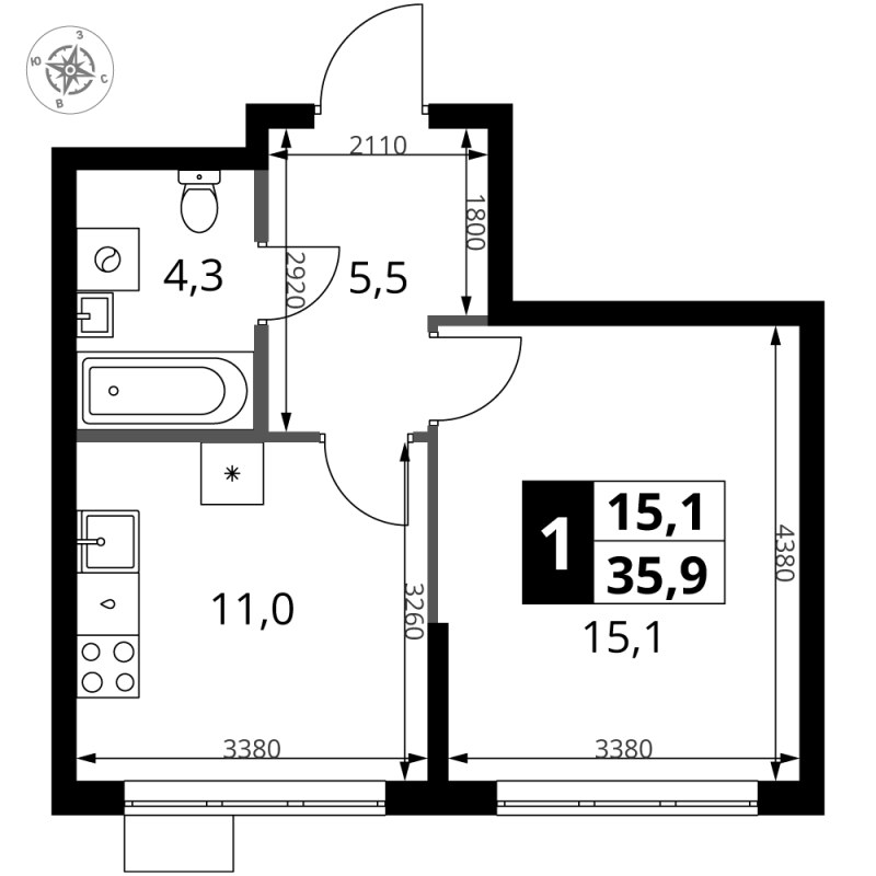1 ккв 36,3 м²