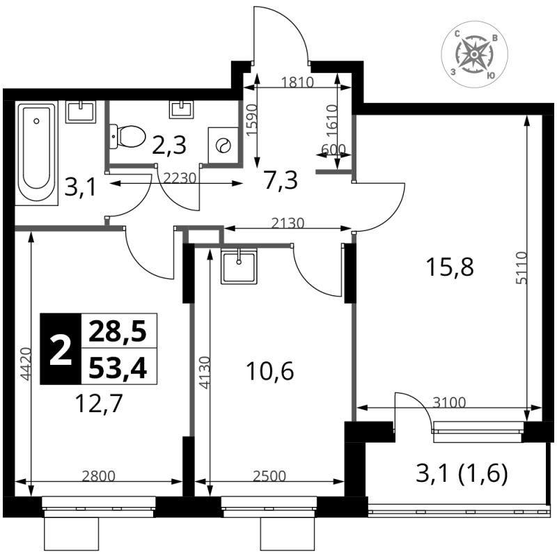 2 ккв 53,4 м²
