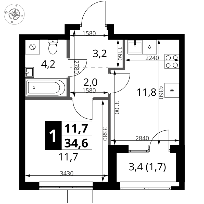 1 ккв 34,6 м²