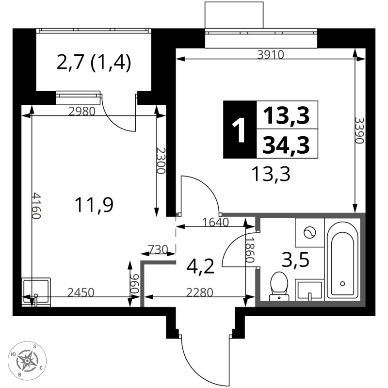 1 ккв 34,3 м²