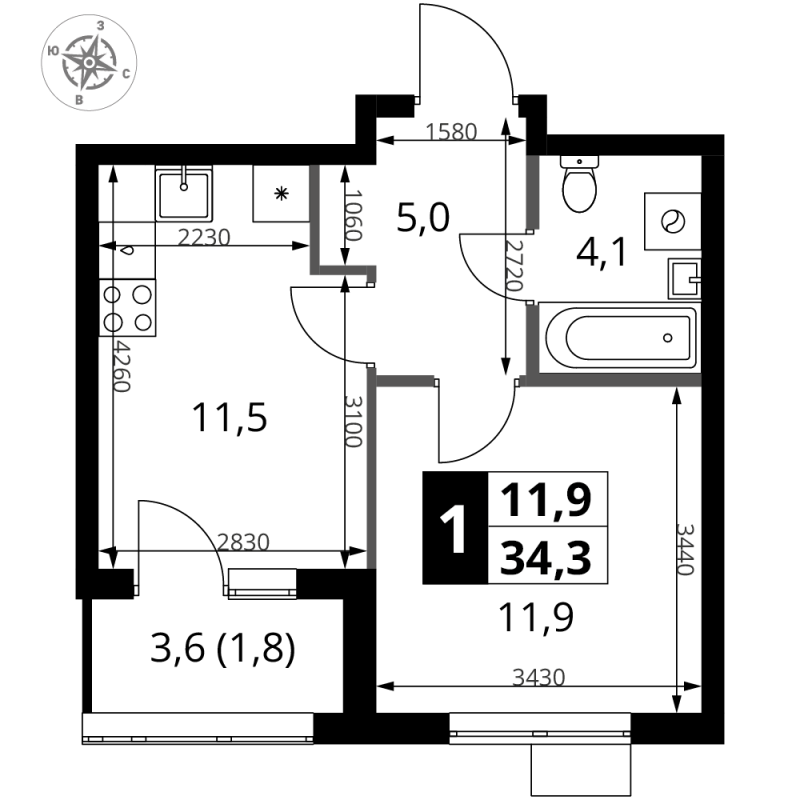 1 ккв 34,3 м²