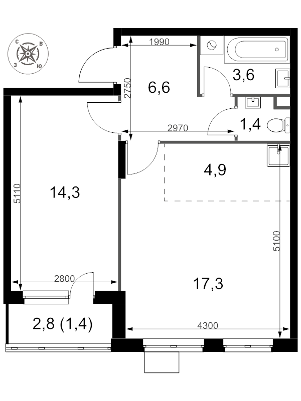 2 ккв (Евро) 49,5 м²