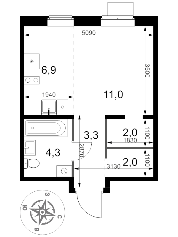 Студия 29,5 м²