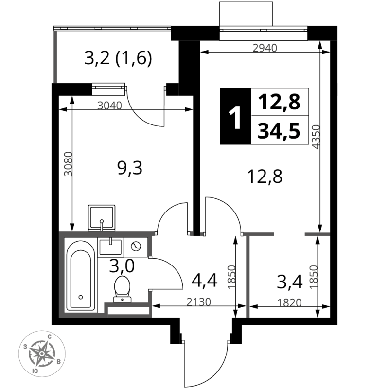 1 ккв 34,5 м²