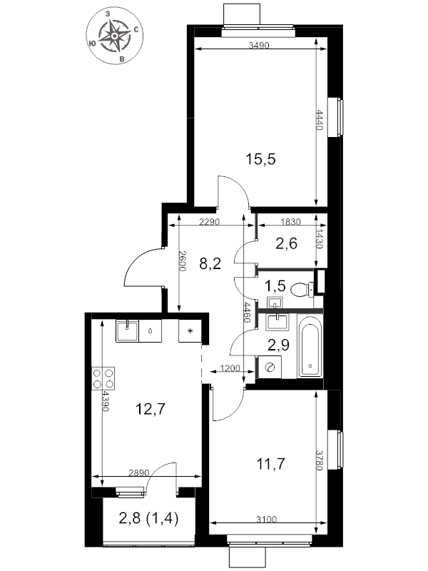 2 ккв 56,5 м²