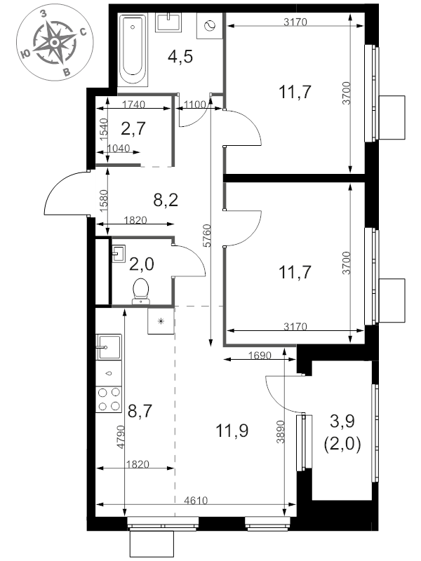 3 ккв (Евро) 63,4 м²