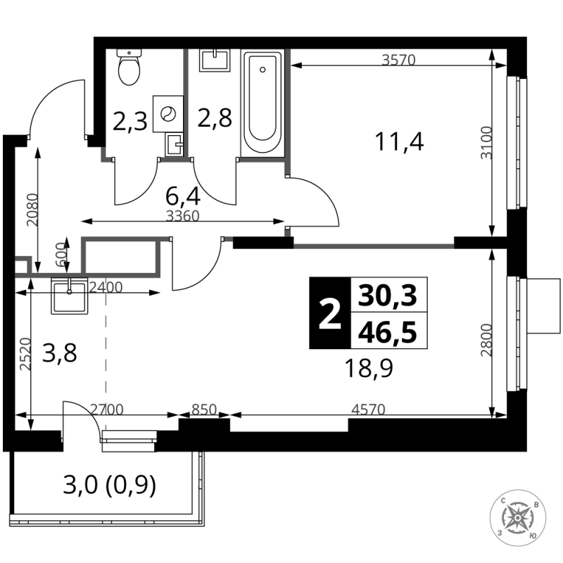2 ккв (Евро) 46,5 м²