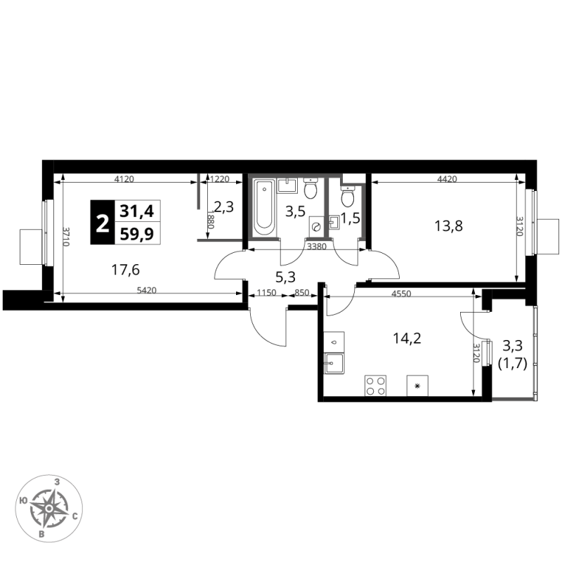 2 ккв 59,9 м²