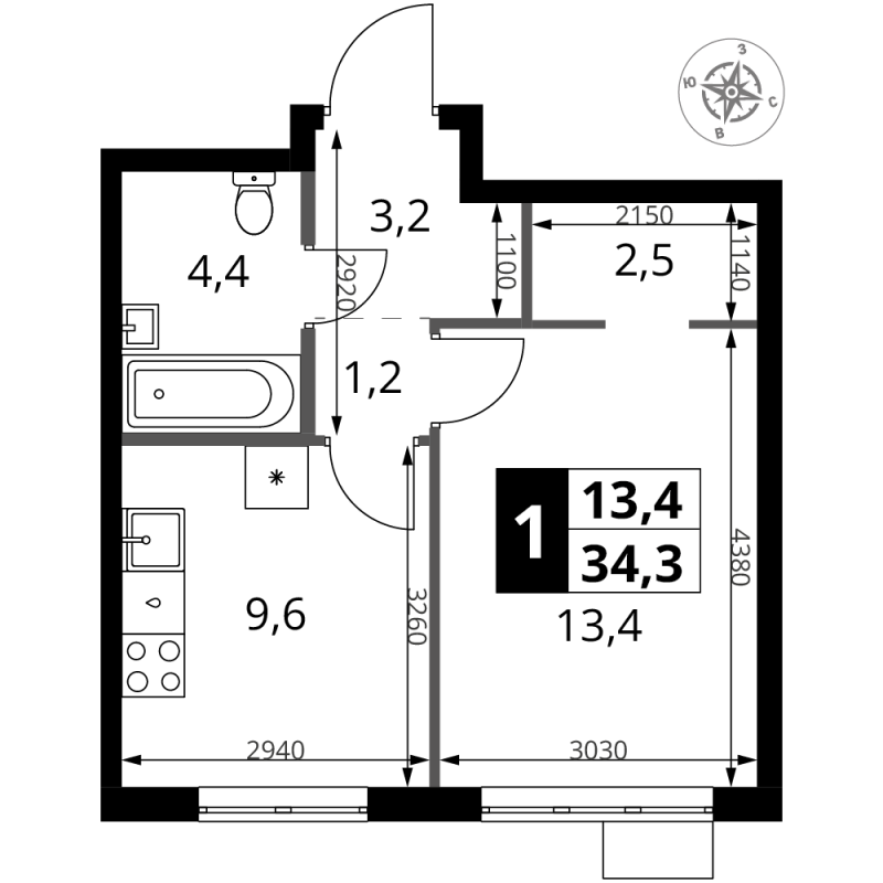1 ккв 34,3 м²