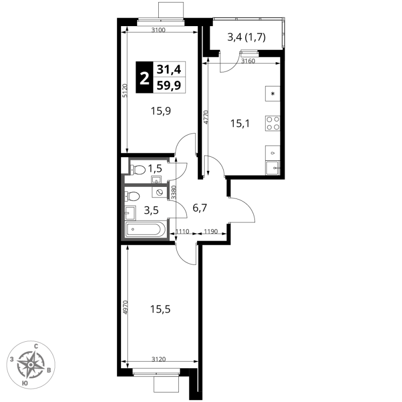 3 ккв (Евро) 59,9 м²