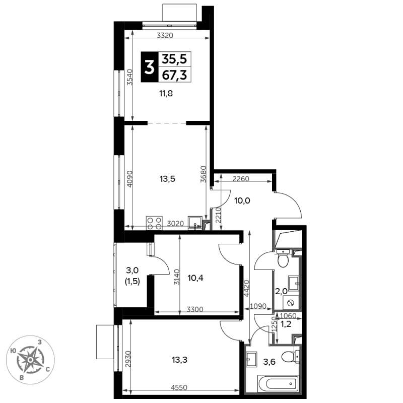 3 ккв 67,4 м²