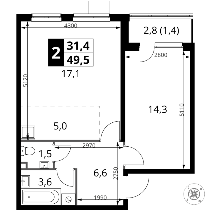 2 ккв (Евро) 49,5 м²
