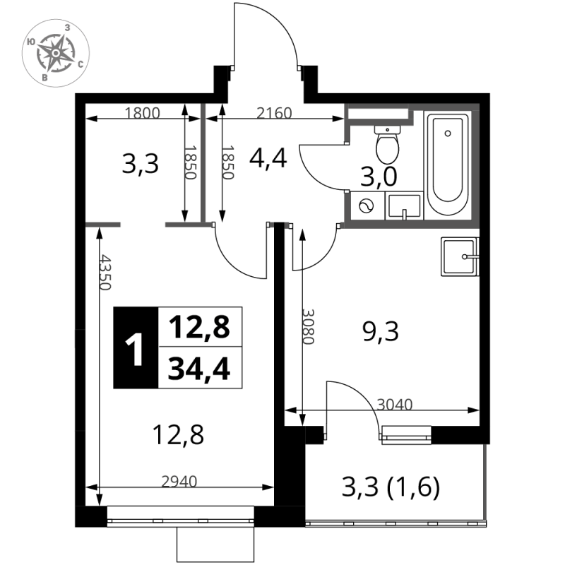 1 ккв 34,4 м²