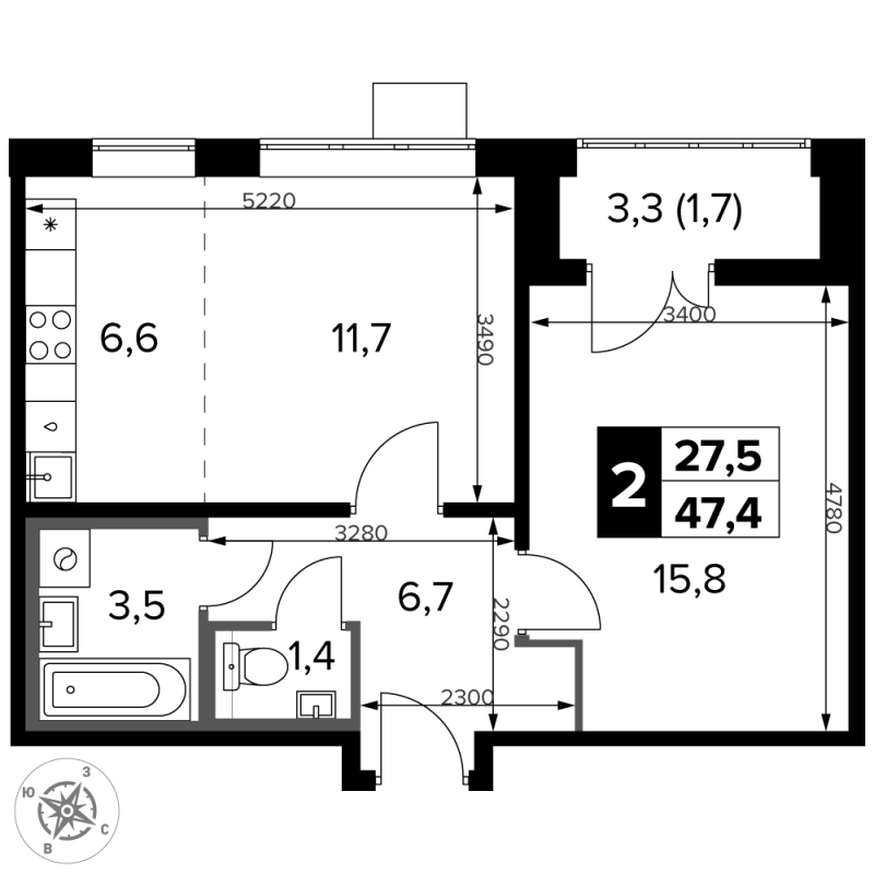 2 ккв (Евро) 47,4 м²