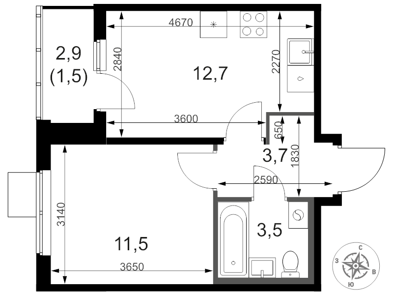1 ккв 33,5 м²