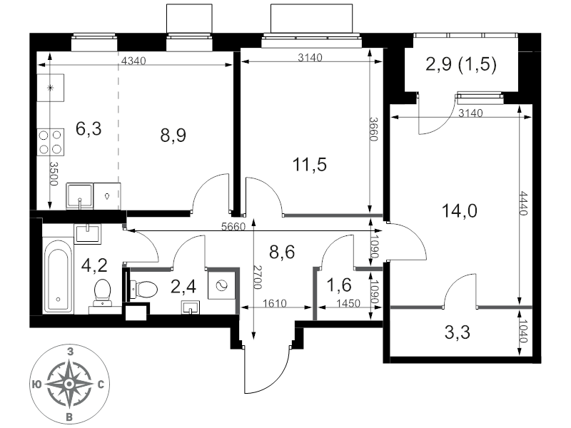 3 ккв (Евро) 62,3 м²