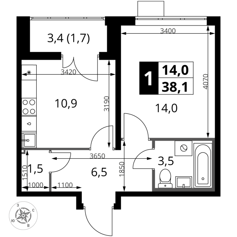 1 ккв 38 м²