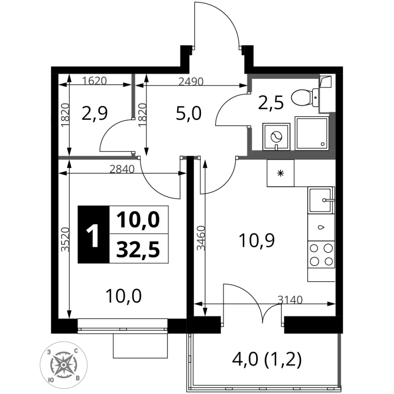 1 ккв 32,5 м²