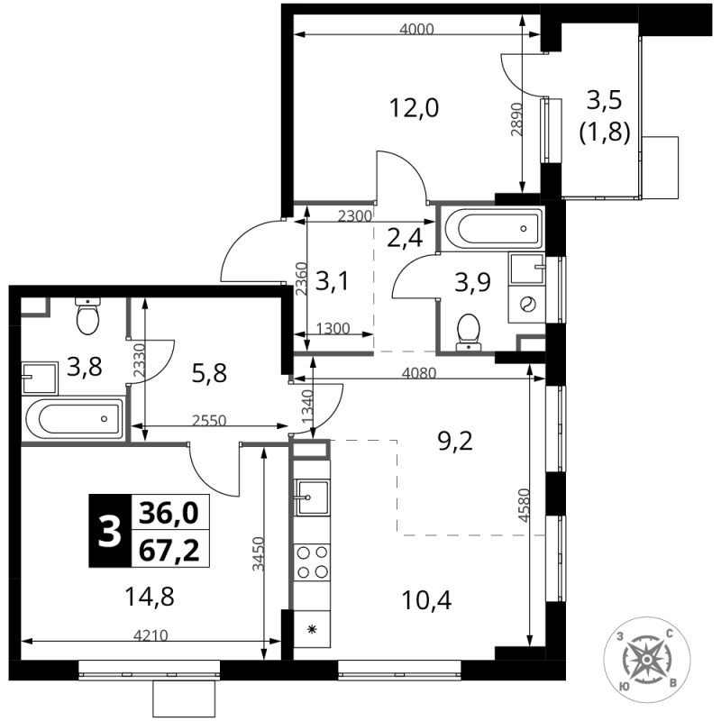 3 ккв (Евро) 67,2 м²