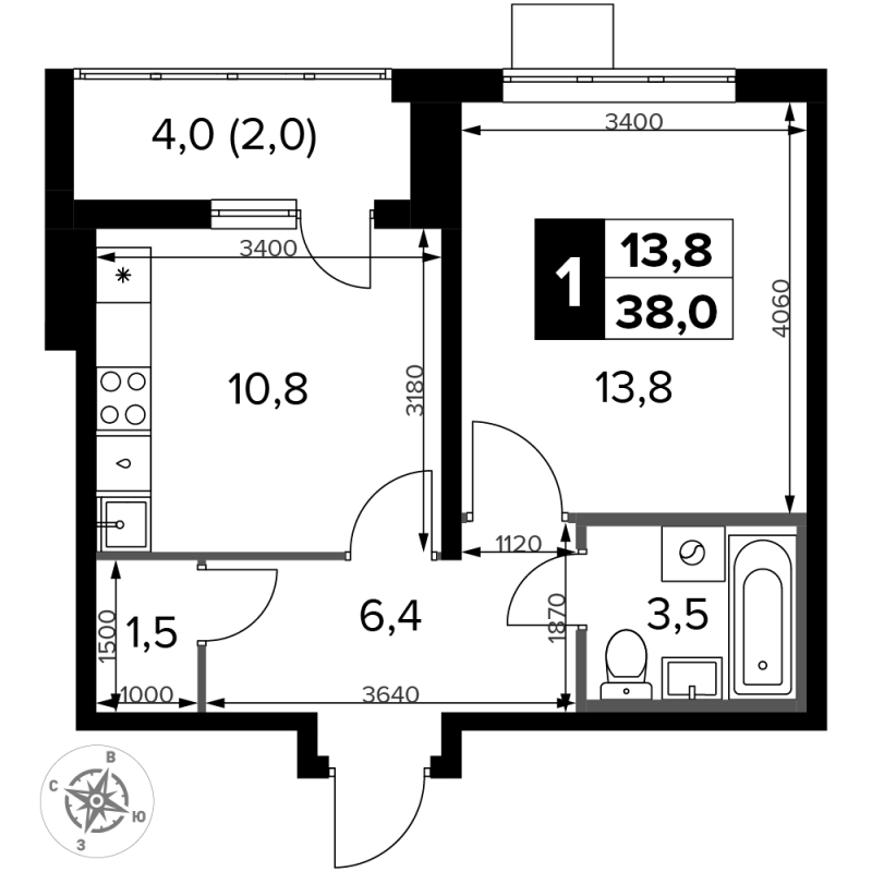 1 ккв 38 м²
