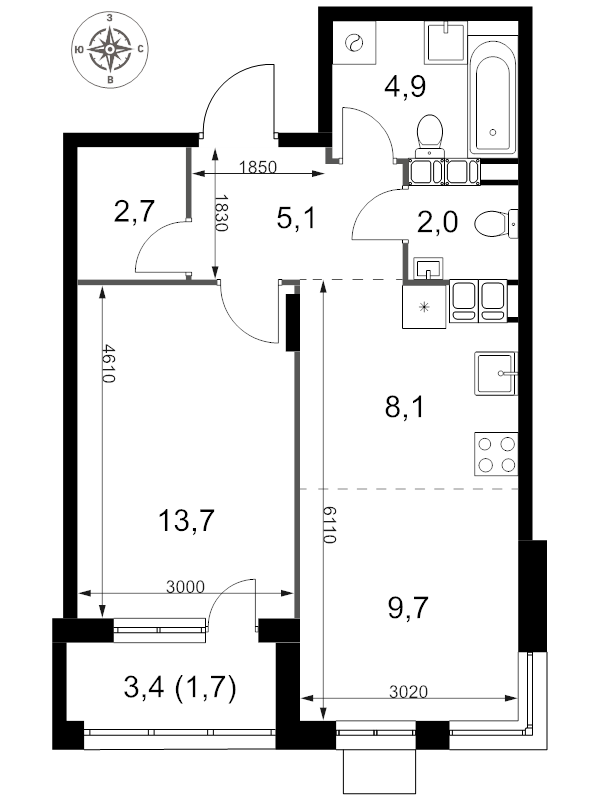 2 ккв (Евро) 47,9 м²