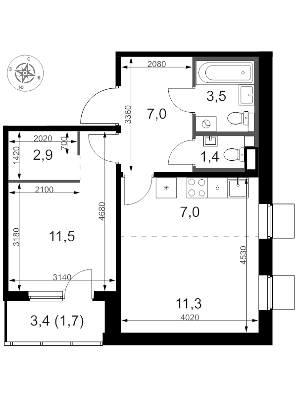 2 ккв (Евро) 47,2 м²