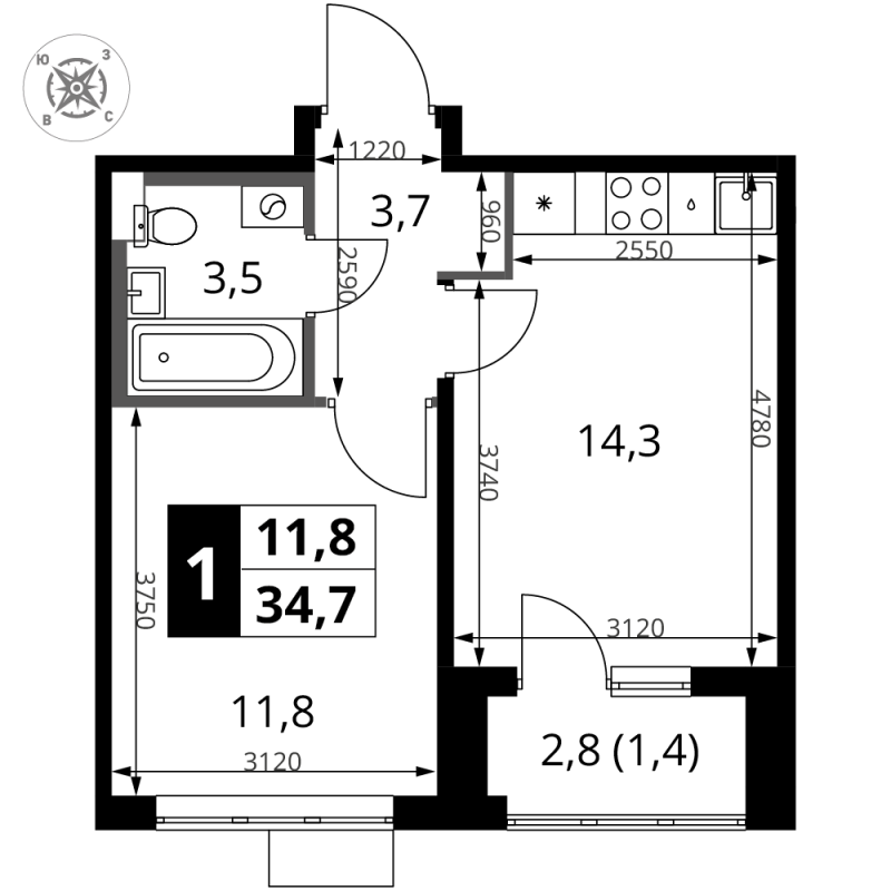 1 ккв 34,7 м²