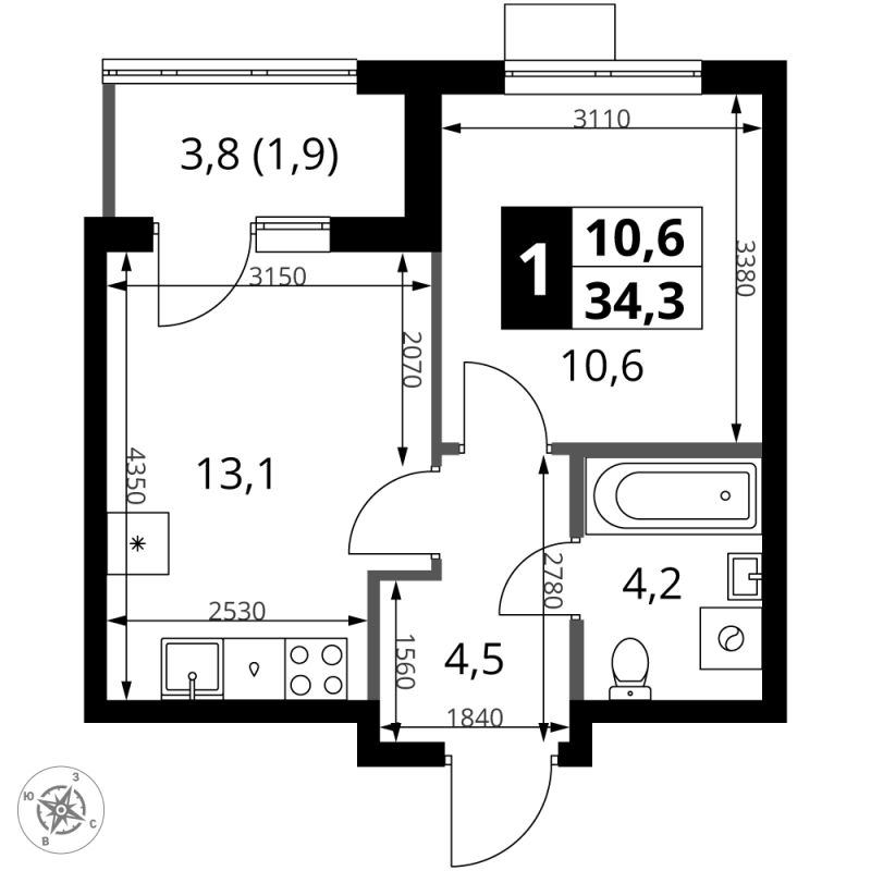 1 ккв 34,3 м²
