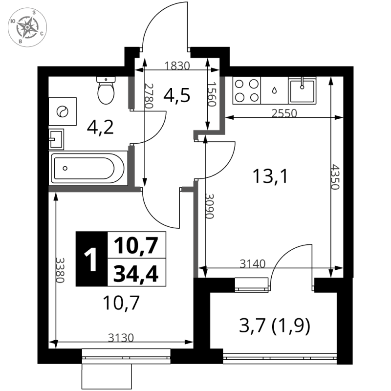 1 ккв 34,4 м²