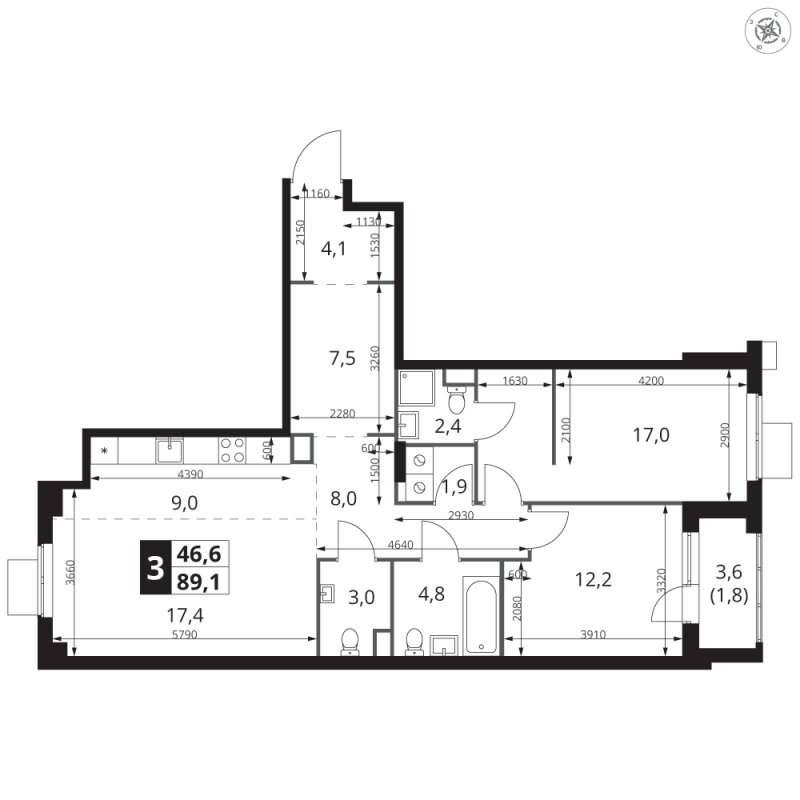 3 ккв (Евро) 89,3 м²